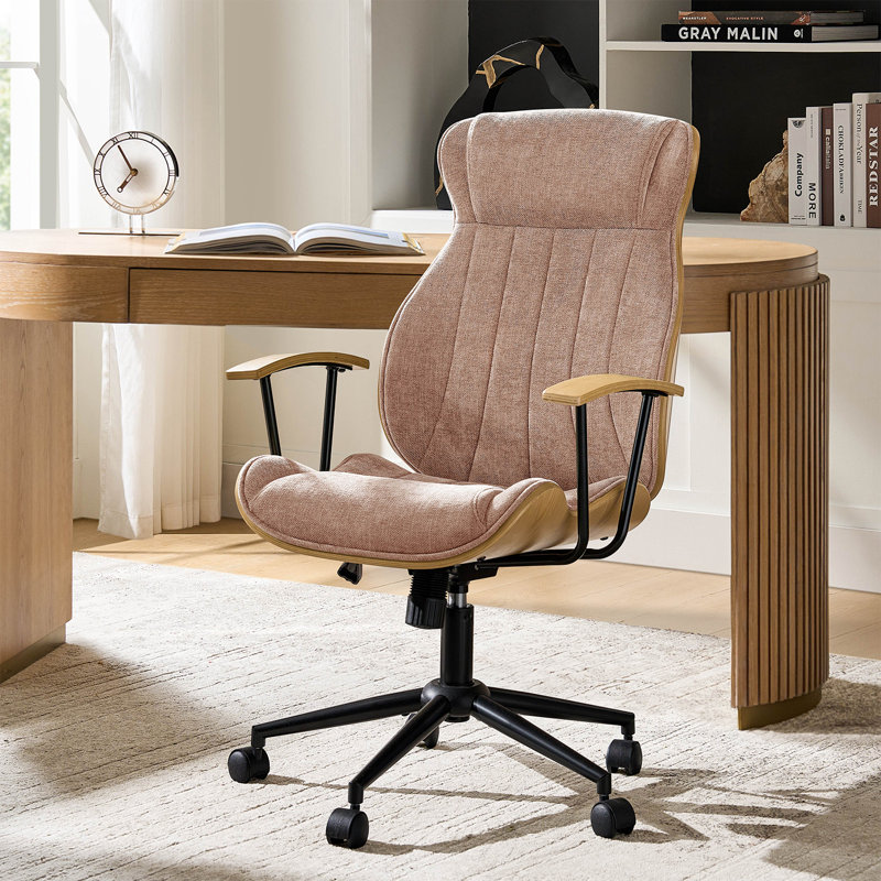 Oswina Gustavo Mid-Century Modern Curved Bentwood High Back Swivel Office Chair with Tilting, Pink