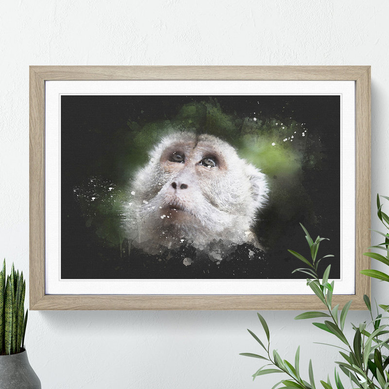 Macaque Monkey - Picture Frame Graphic Art, Oak Framed, 65cm H x 90cm W x 2cm D