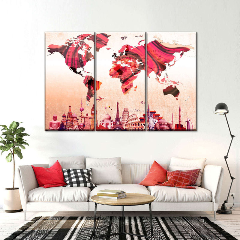 " Rose Gold World Map " by Enchanté Designs 3 - Pieces, 24" H x 38" W x 1" D