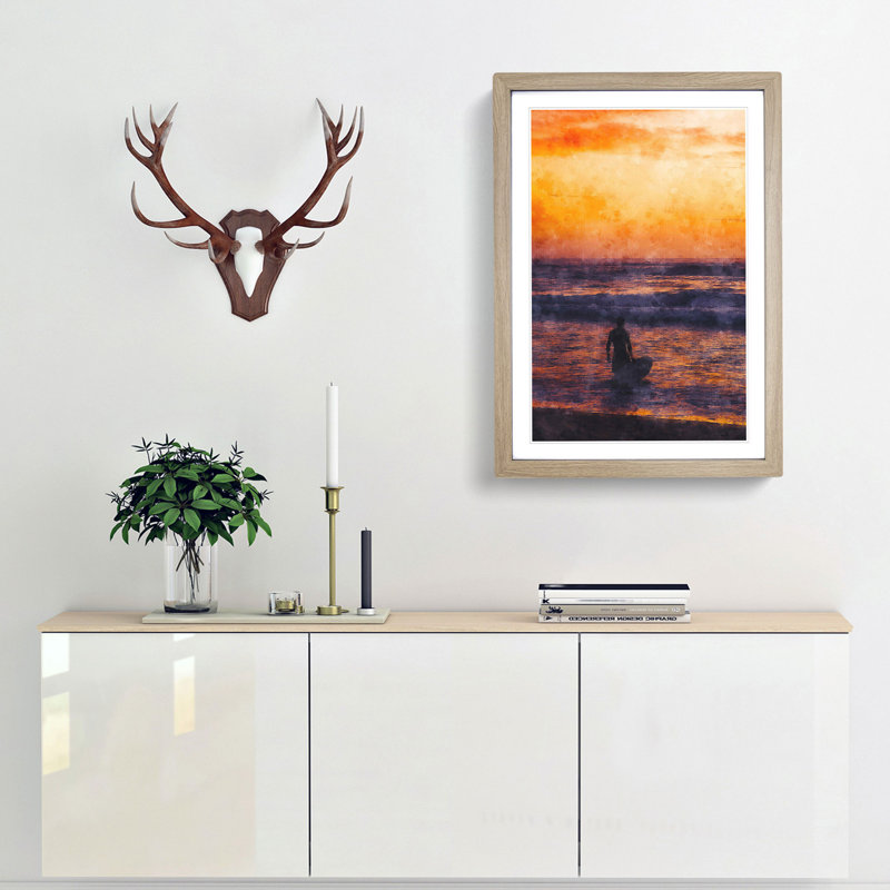 Surfer at Sunset - Framed Print, 33cm H x 24cm W x 2cm D, Oak Framed