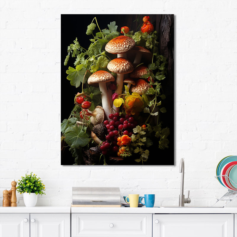 Panier de champignon, peinture IV - champignon, art mural, H 20 po x l 12 po x P 1 po