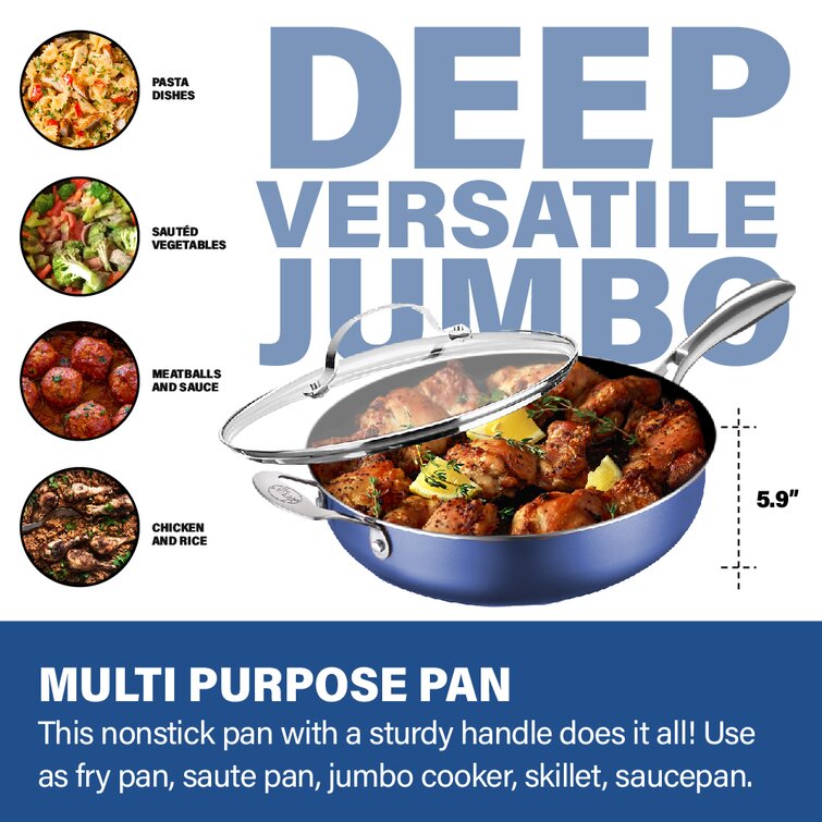 Granitestone Blue 5.5 Quart Multipurpose Deep Saute Jumbo Cooker Fry Pan with Glass Lid 7320