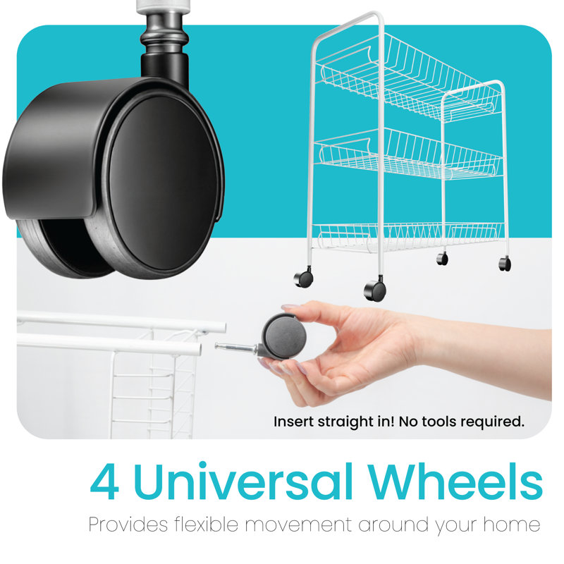 Rolling Utility Cart With Handle, 3 Tier Storage Organizer With Wheels