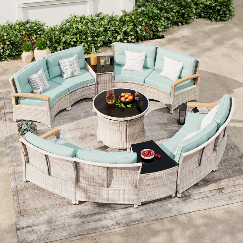  11-Piece Half-Moon Curved Outdoor Patio Furniture Set, Sectional Conversation Sofa With Wood Armrests, Round Coffee Table For Backyard Deck Garden, Blue