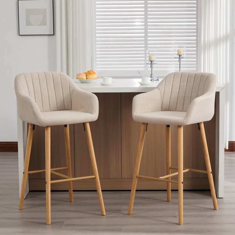 Ensemble de 2 tabourets de bar modernes avec îlot de cuisine avec dossier, accoudoirs, repose-pieds et tabourets de bar rembourrés en tissu de lin