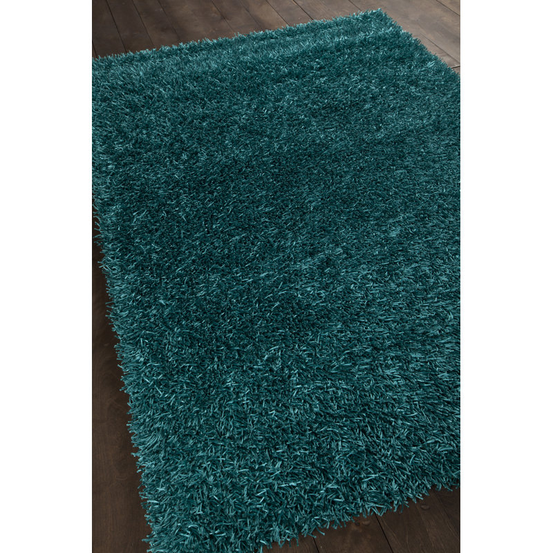 Heston Authentic Hand Woven Handmade Teal Modern Abstract Polyester Shag Area Rug, Teal, Rectangle 4' x 6'