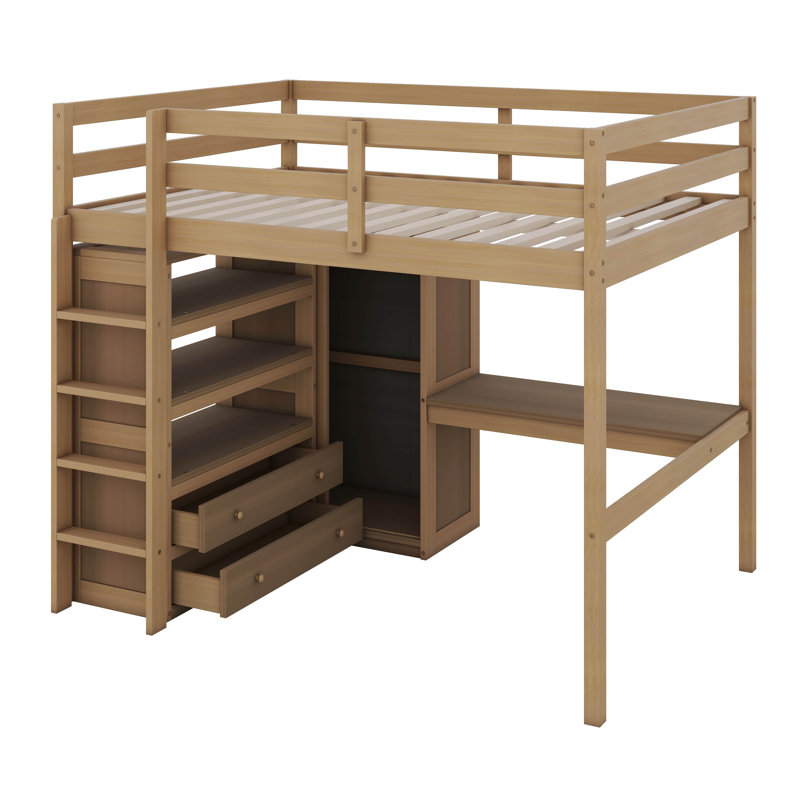 Huegel Full Size Loft Bed With Built-In Wardrobe, Desk And Drawers, Walnut