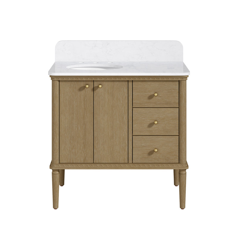 OVE Helena 36 in. Single Sink Bathroom Vanity in Antique Oak with White Engineered Stone Top, Brushed Gold Hardware