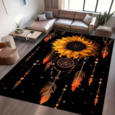 Wind Chime Sunflower Area Rug Washable Large Area Sun Flower Rug,Soft Retro American Floral Throw Rugs for Living Room Bedroom Kitchen Entrance Anti-Slip Floor Carpets, 6.6′ × 9.8′
