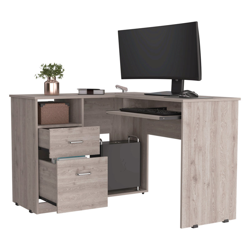 Bureau d'ordinateur en L à 2 tiroirs et 2 tiroirs, Gris
