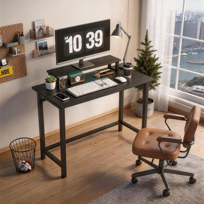 31.5" Rustic Brown Folding Computer Desk With Monitor Shelf & LED Lights