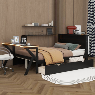 Lit plateforme double avec tête de lit et bureau à DEL, cadre de lit en bois avec tiroirs de rangement et port USB pour adultes