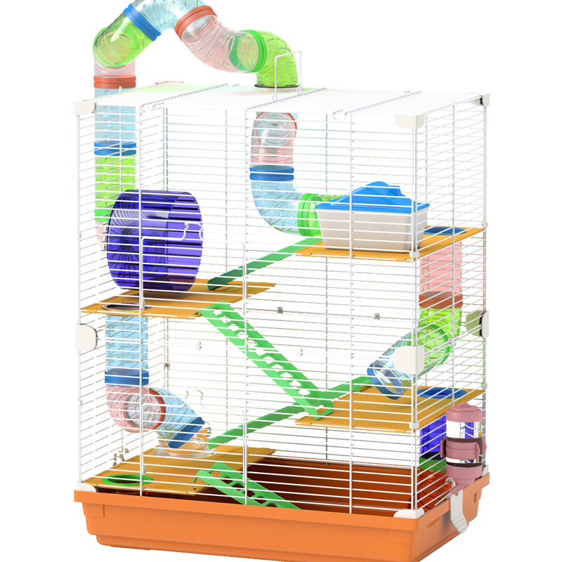 Habitat pour hamster 18 "à 5 niveaux avec tubes, tunnels, poignée portative, orange, plat à nourriture encastré, bouteille d'eau, roue d'exercice pour petits hamsters et enclos composé de