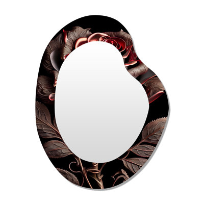 Blossoming Rose In Red And Gray IV - Floral Asymmetrical Decorative Mirror, Traditional Unique Shape Large Wall Mirror, Printed Metal Art