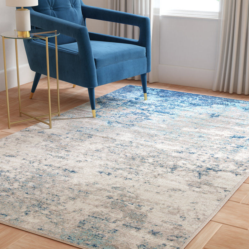 Tapis abstrait gris clair / bleu N'Keal, Rectangle 5 pi 3 po x 7 pi 6 po, Light Grey/Blue