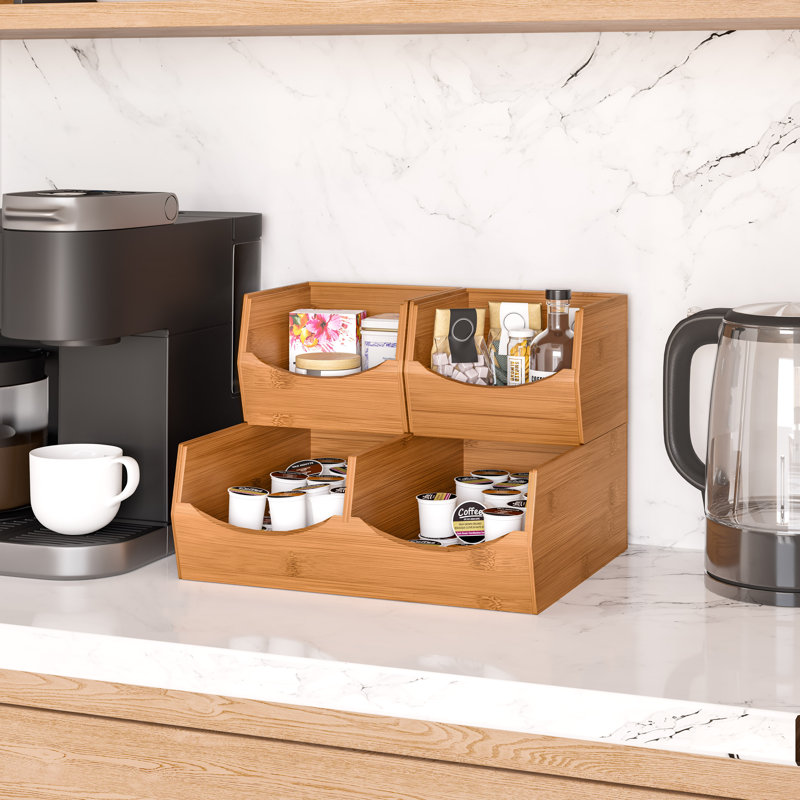 Natural Bamboo Stackable Bin Organizer Set with Three Shelves