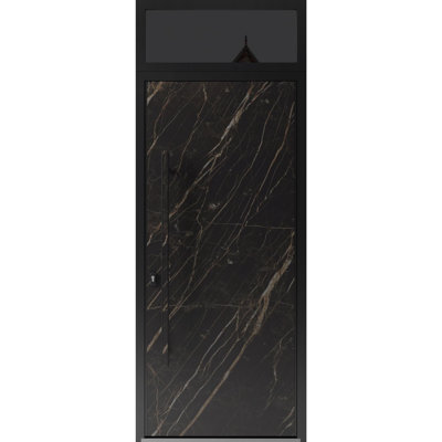 Porte d'entrée extérieure prémontée en acier Dekton 0118 Noir Naturel avec imposte et fenêtre latérale. Métal peint moderne, largeur 36 po x hauteur 80 + 16 po, ouverture à droite vers l'intérieur.