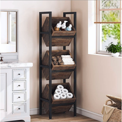 Support de panier industriel 15 po à 3 niveaux avec paniers en angle - Support à fruits et collation vertical rustique, organisateur de tour de rangement pour la cuisine, le garde-manger, la salle de bain et le salon