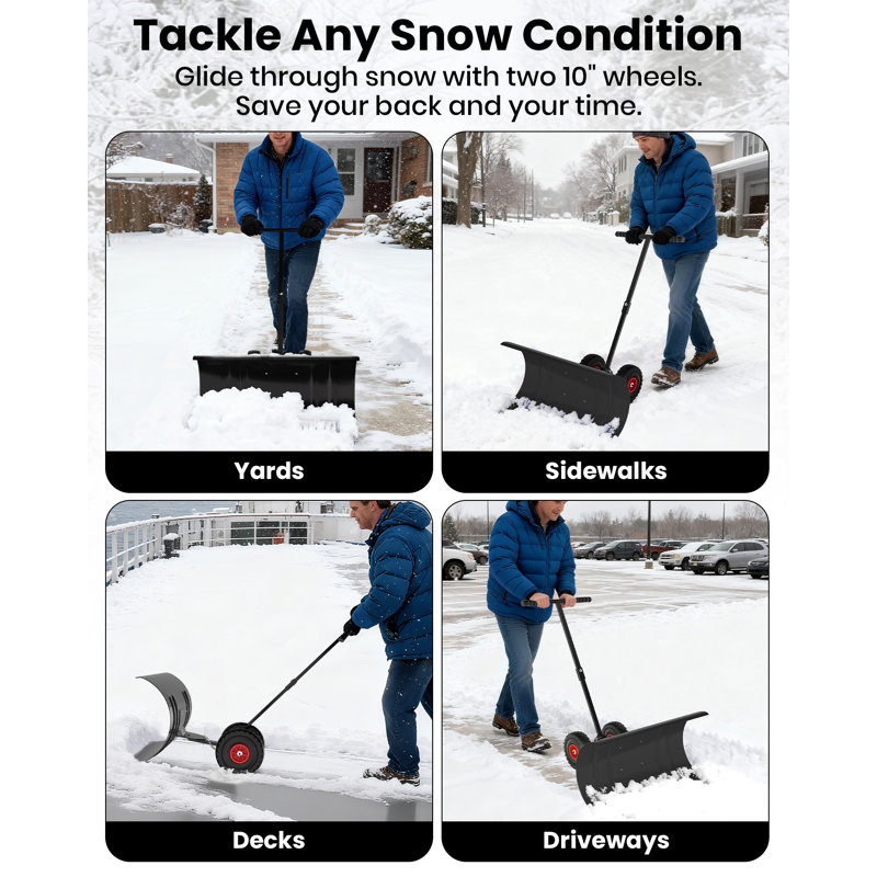 Heavy Duty Steel Snow Pusher Shovel with 5 Height Adjustable Handle, All Terrain Non Slip Wheels, Adjustable Angle for Snow Removal, 29inch, Single Rod