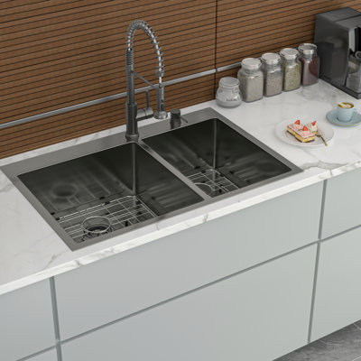 33"X22" 16 Gauge Gunmetal Black Double Bowl Drop In Sink 60/40 Configuration, 10" Deep Basins, - Made, Rear Drain, X Grooves For Quick Draining, Sound Dampening Pads, Condensation Spray, Comes With