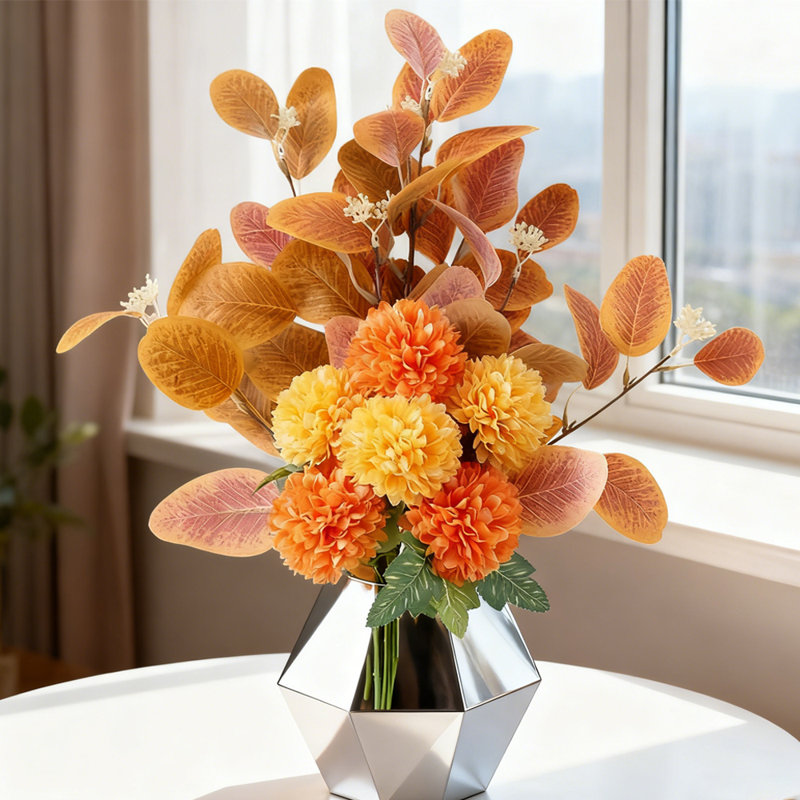 1 bouquet de chrysanthèmes artificiels, 21 pouces de fleurs de soie simulées en deux couleurs, jardin, cuisine, table, vase, fleurs décoratives, orange et jaune