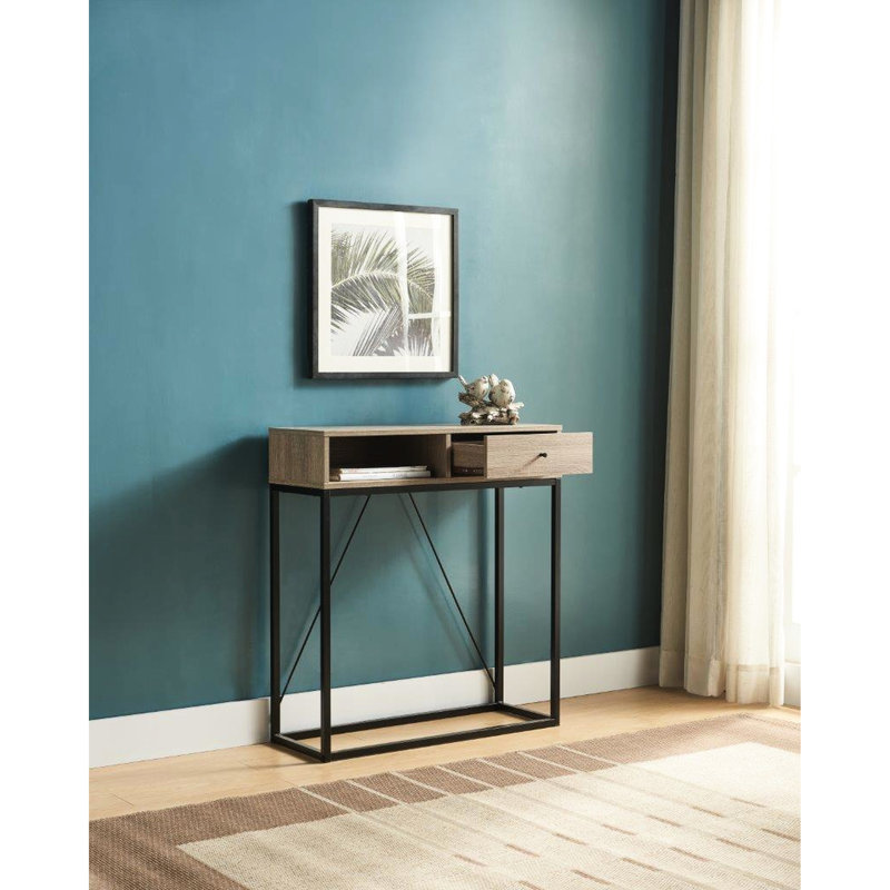 Console avec tiroir et brun et noir. Renfort métallique stable en panneau de particules. 31,69 po x l 11,5 po x H 33,01 po. La tablette peut supporter 10 lb, 5 lb ouverte - polyvalente pour la maison. Planche pour le dos.