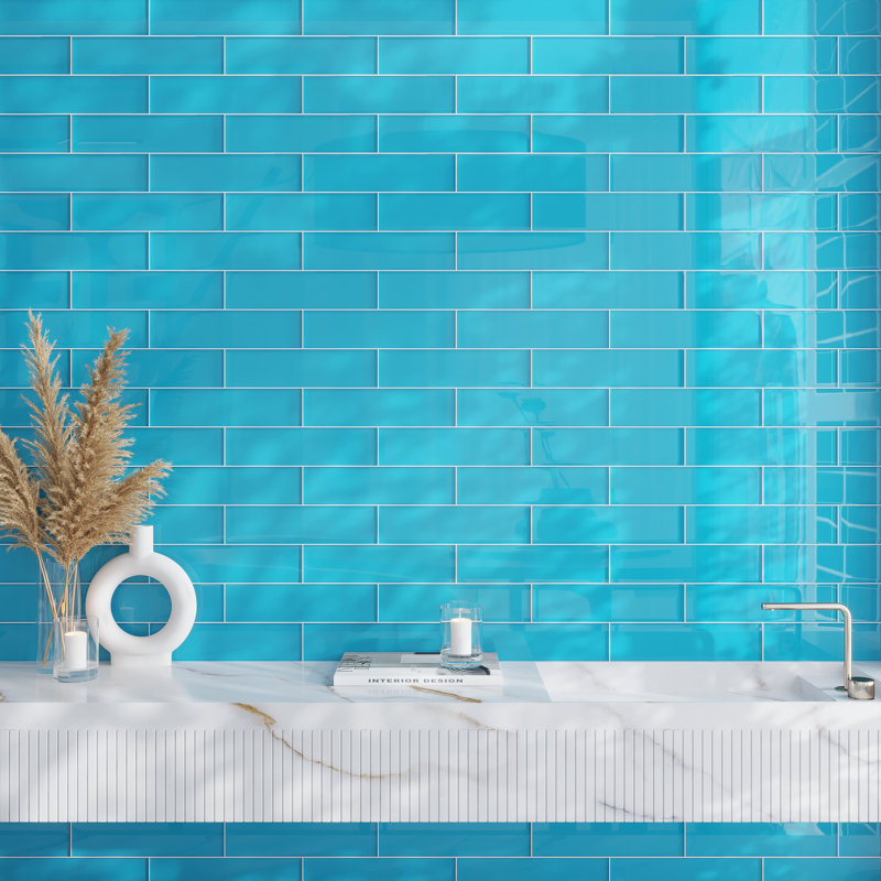3" X 12" Glass Brick Look Subway Wall Tile, Laguna Blue
