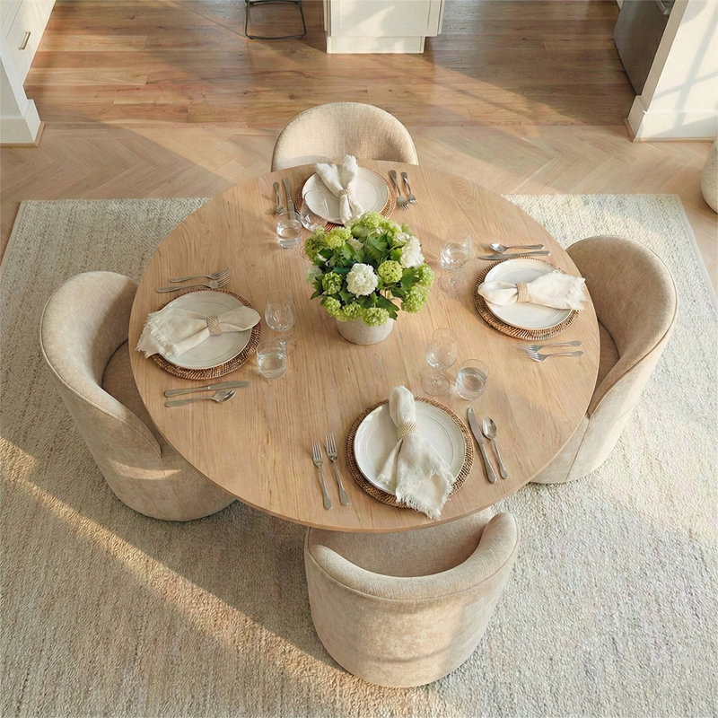 4 - Person Dining Table Sets With 52'' Solid Round Table & 4 Upholstered Chenille Swivel Chairs, Oatmeal, Yellow