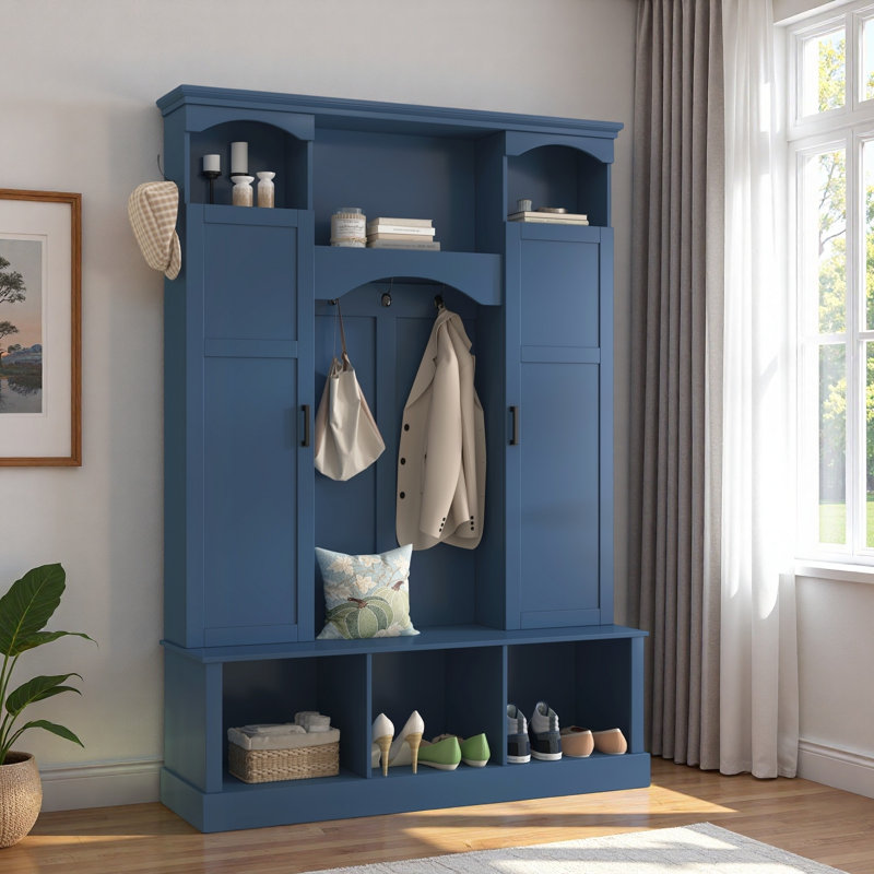 Modern Hall Tree With Adjustable Shelves, Side Cabinets, Top Compartments And Hooks, Blue