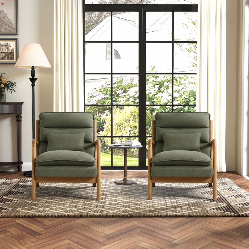 Eimantas 25.79" W Comfort Linen Upholstered Arm Accent Chair With Lumbar Pillow (Set of 2), Green Linen