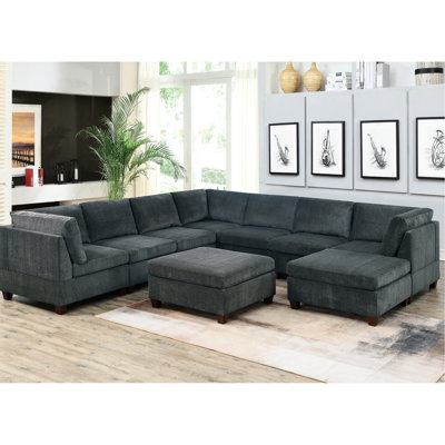 Ultra Soft Grey Chenille Modular 9Pc Sectional For Living Area, With 3X Corner Wedge, 4X Armless Chairs And 2X , Design Modern Style Sofas, Ottomans