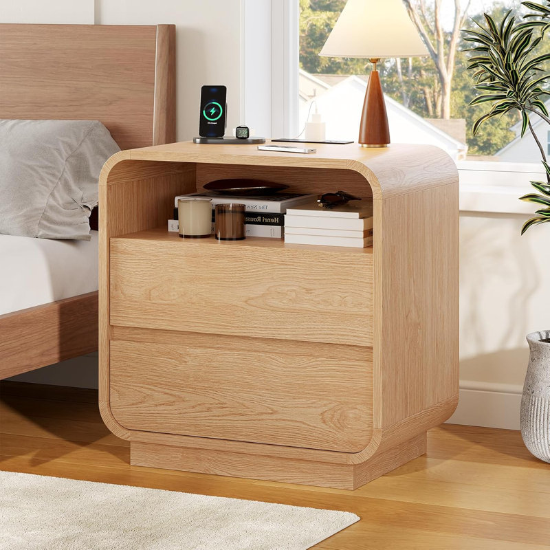 Table de chevet moderne sans poignée avec station de charge, 2 tiroirs et tablette ouverte, table de chevet en bois pour la chambre à coucher et le salon