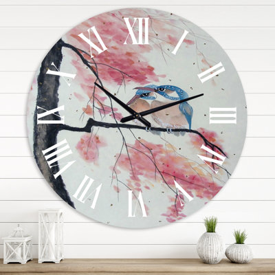 Deux martin-pêcheurs assis sur une branche en fleurs - Horloge murale traditionnelle