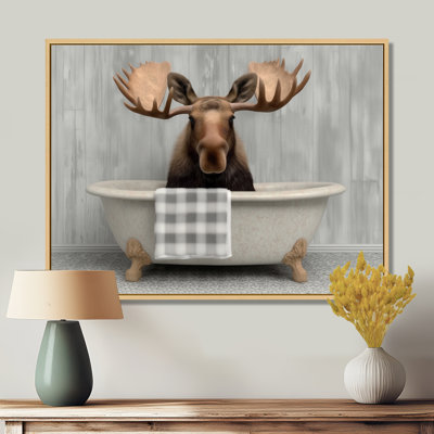 Gentle Moose In A Bathtub - Moose Wall Decor, Brown Wildlife Framed Wall Art