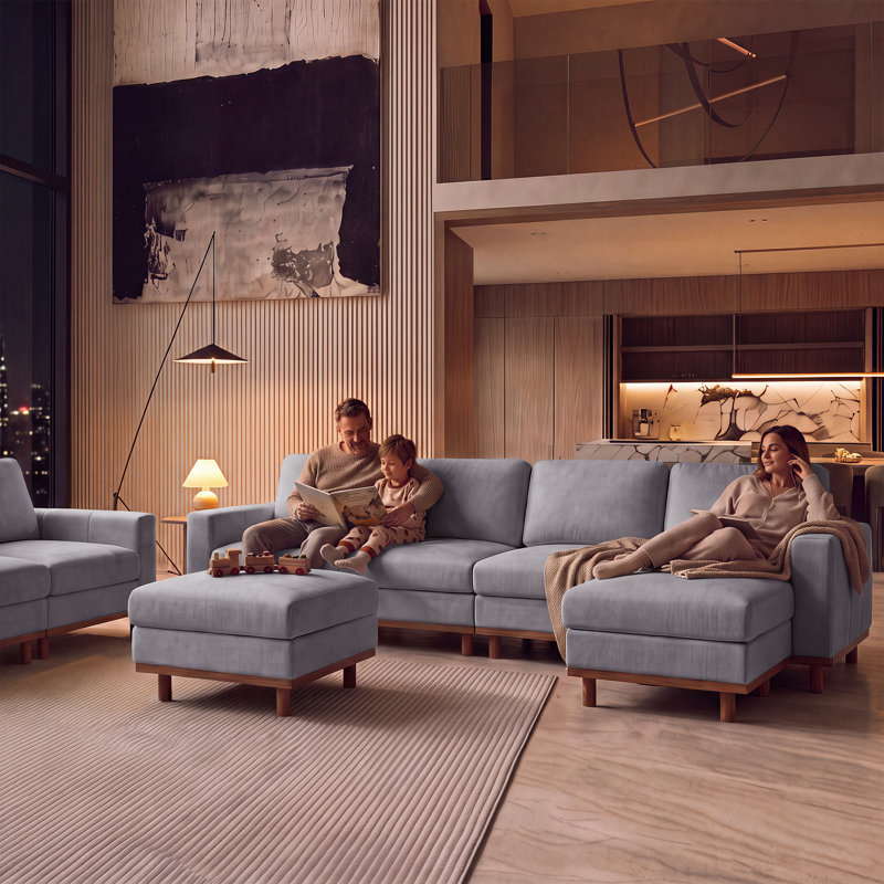 Canapé d'angle moderne Milsap 93,3 po 5 places en forme de U avec 2 poufs, 33.07" H x 93.31" W x 61.81" D, Gray Chenille