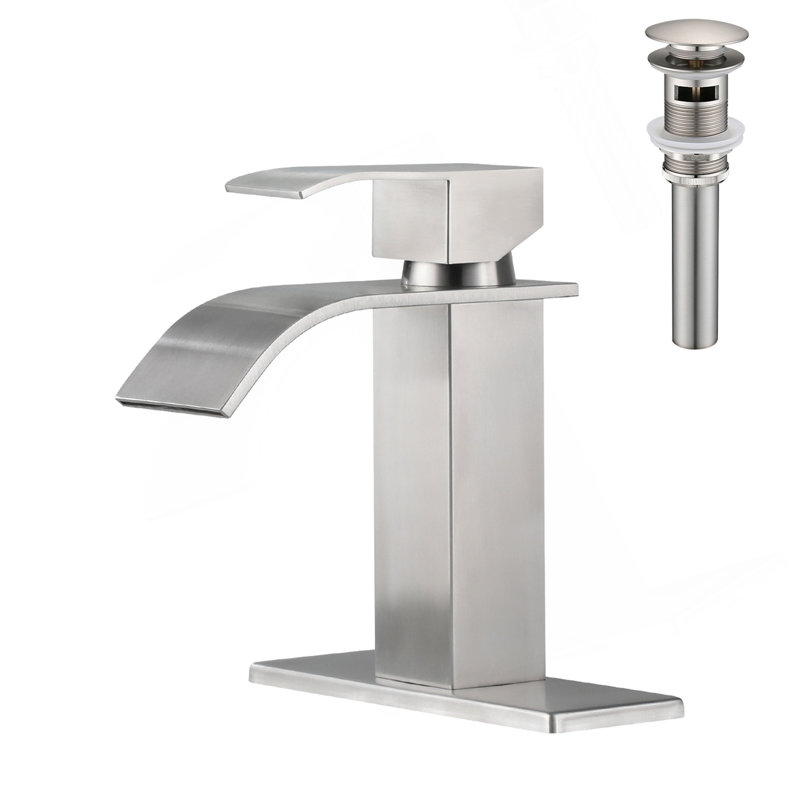 Robinet de lavabo de salle de bain à poignée simple avec bonde escamotable Waterfall, Nickel brossé