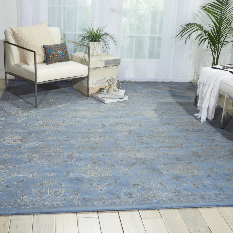 Tapis oriental en laine / soie bleu Corfu, Rectangle 7 pi 9 po x 9 pi 9 po