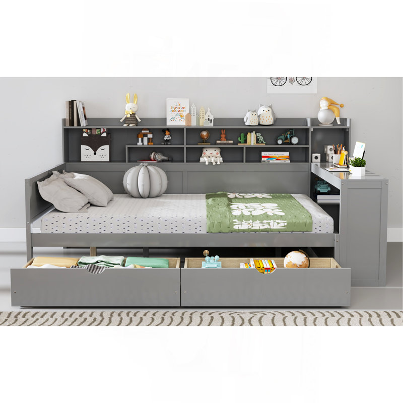 Wooden Full Size Daybed With Storage Shelves, Multi-Functional Bed With Two Storage Drawers And  Study Desk, Gray