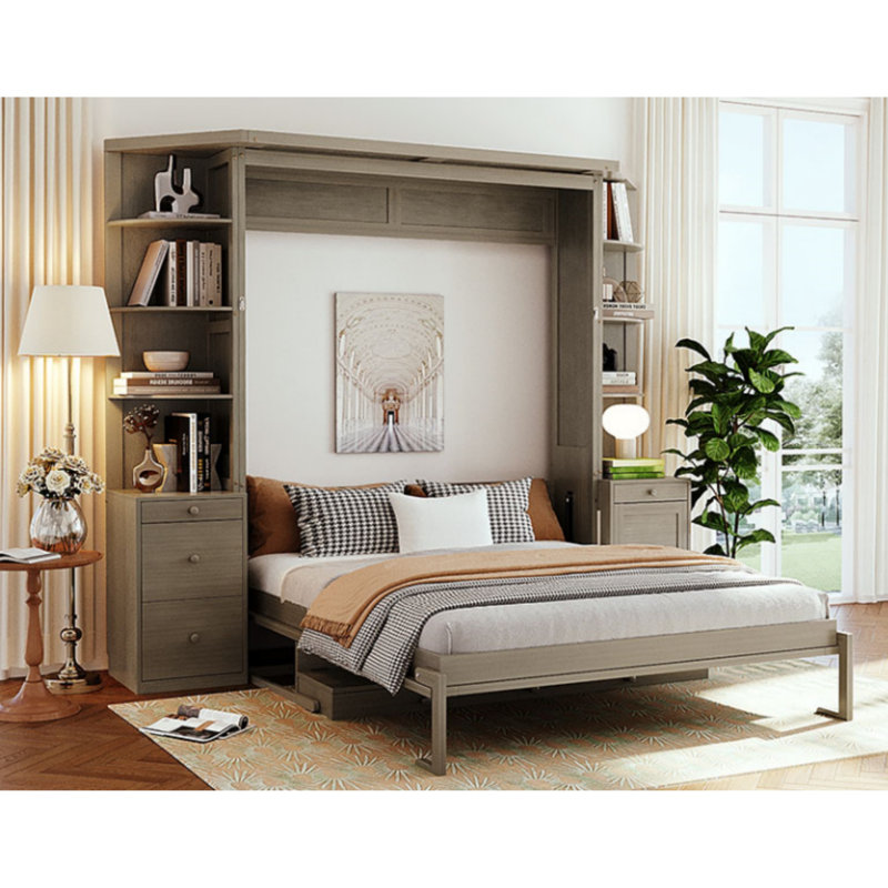 Grand lit pliable grand format avec bureau, tablettes de rangement et armoires, comprenant un lit mural dissimulé, Grey