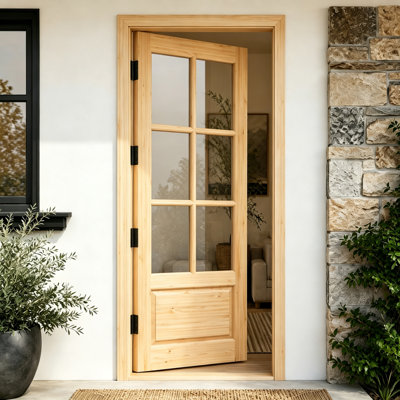 Porte extérieure en verre massif à 6 panneaux de pin massif avec cadre en bois, porte d'entrée sans finition avec charnières noires