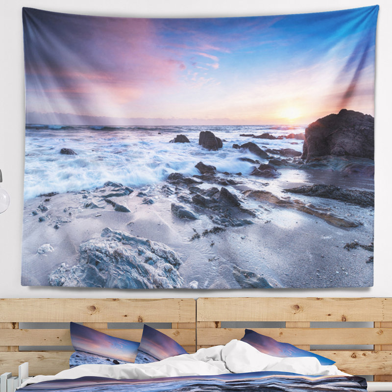 Finnygook beach à cornwall au coucher du soleil tapisserie, H 50 po x l 60 po