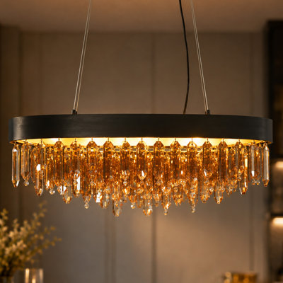Lustre linéaire pour îlot de cuisine à 10 lumières 41,5 po avec fer noir et cristal Jocsan