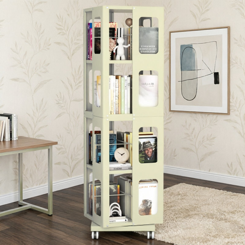 4-Tier All-Steel Rotating Bookshelf With 360° Wheels, Yellow