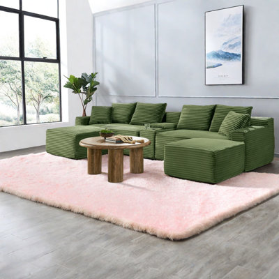 Multifunctional Corduroy Sectionals, Green U-shaped Sofa With Usb Storage For Modern Living Rooms
