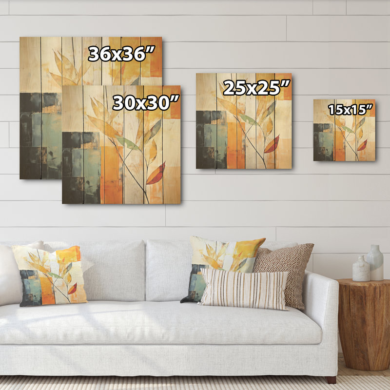 Abstrait abstrait abricot, collage I - feuilles, art mural sur bois de pin naturel, H 36 po x l 36 po
