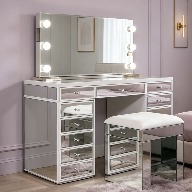 Ninian Vanity Dressing Table with 13-Drawers Glass top 130cm Wide, White/Silver