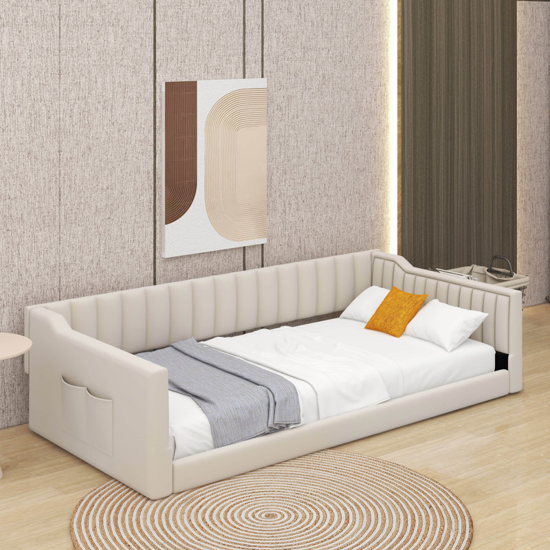 Upholstery Daybed With Side Storage Pocket, Beige, Twin Extra-Long