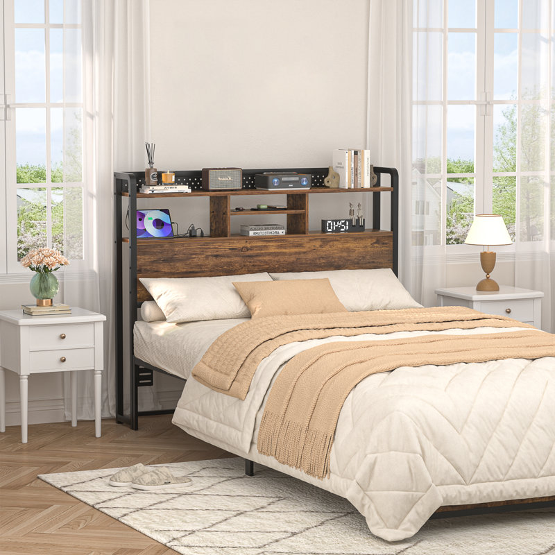 Miljenko Headboard with Led Lights & Charging Station, Brown, King