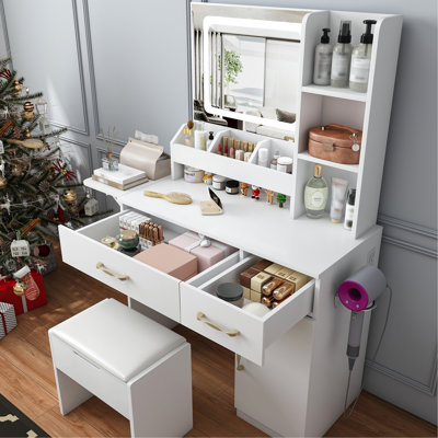 Table de maquillage avec miroir à DEL professionnel, prise de courant, 3 tiroirs, 7 tablettes et tabouret de rangement - blanc, comptoir extensible, rangement intelligent, éclairage réglable, design moderne