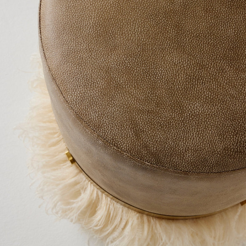 Leather Ostrich Fluff Pouf, Taupe/Cream